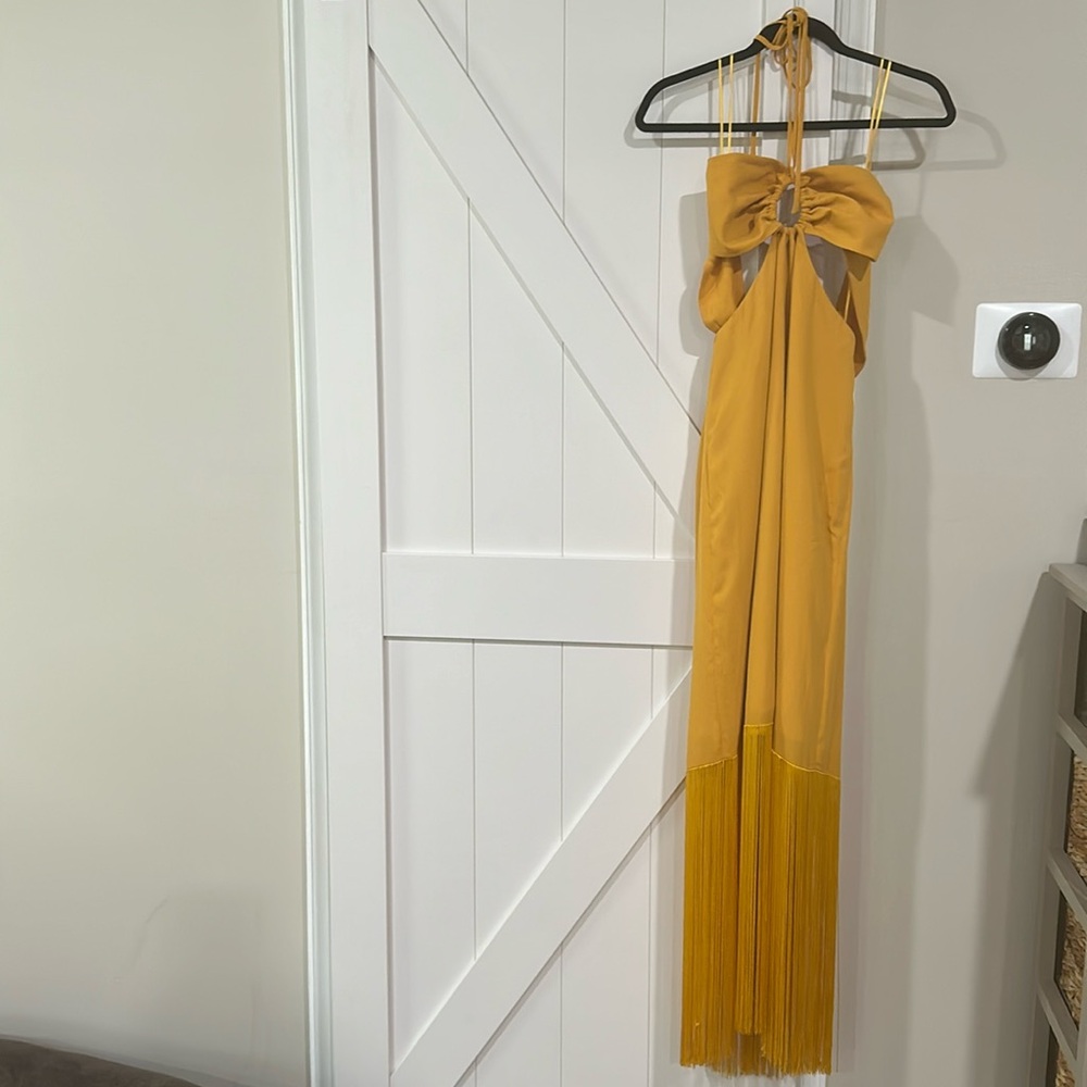No Pise La Grama long yellow fringe bottom dress